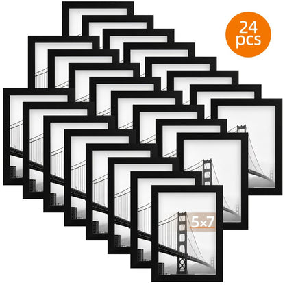 Black Picture Frame Set with 12 or 24 Frames in 4 x 6, 5 x 7 or 8 x 10-Inch Checkout Sizes