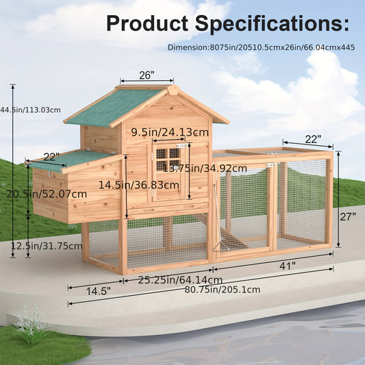Wooden Rabbit Hutch Outdoor Chicken Coop with Run Nesting Box Ramp Sliding Tray Asphalt Roof Fir Wood for Garden, Patio and Yard Use