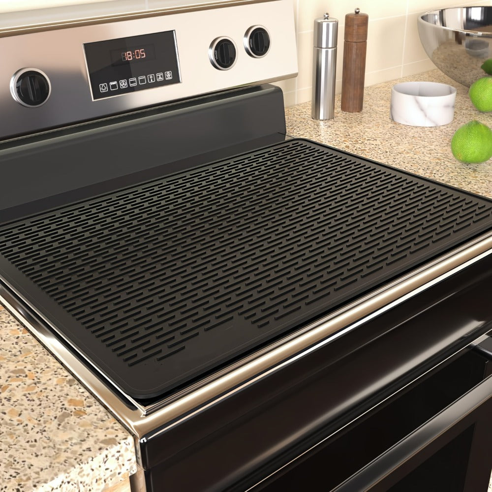 Black Silicone Electric Stove Top Cover Mat, 28 x 20 Inch Raised-Ridge Countertop Protector