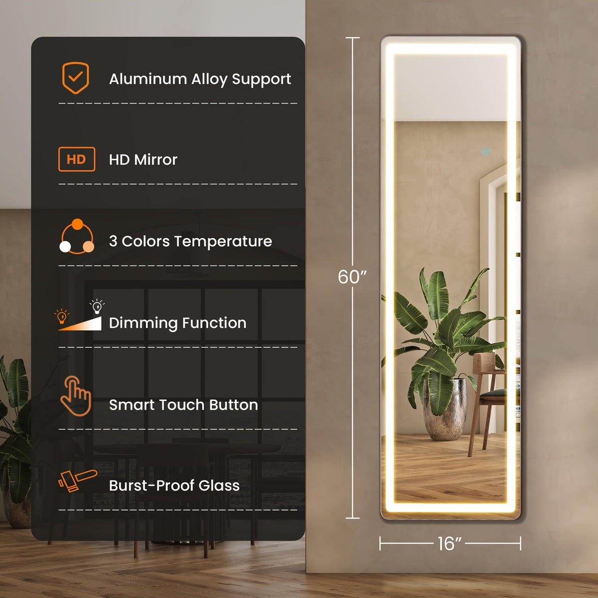 Full Length Mirror with LED Lights & Touch Sensor, 64"x21" Dimmable Smart Floor Mirror, Wall Mount or Freestanding