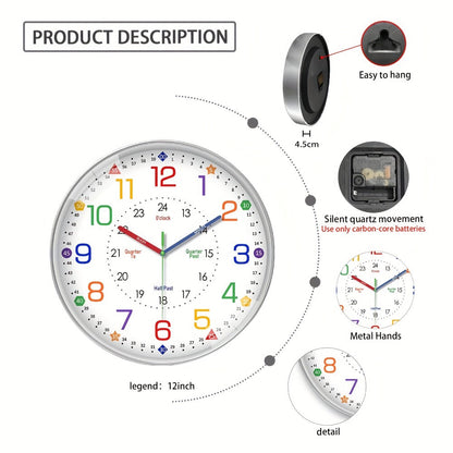Silent Wall Clock for Classroom & Home | 8/10/12 Inch Color-Coded Educational Teaching Clock, Non-Ticking Japanese Quartz Movement
