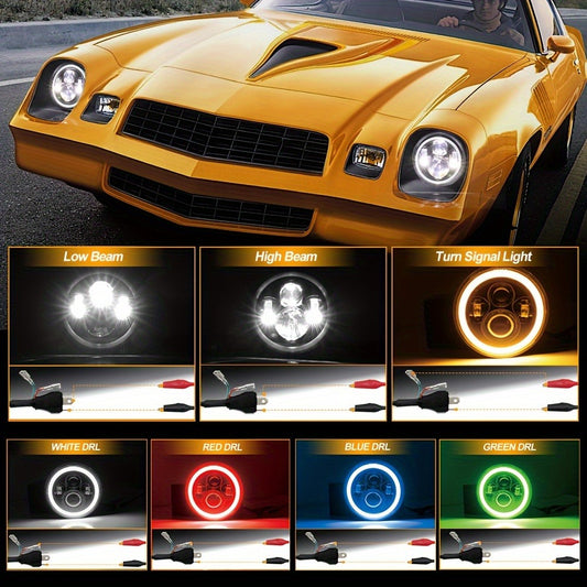 7 Inch Round LED Headlights for Jeep Wrangler JK TJ CJ Colorful DRL Halo Ring Amber Turn Signal High Low Beam, 2pcs White Red Green Blue Multi-Color Replacement Headlamp Set