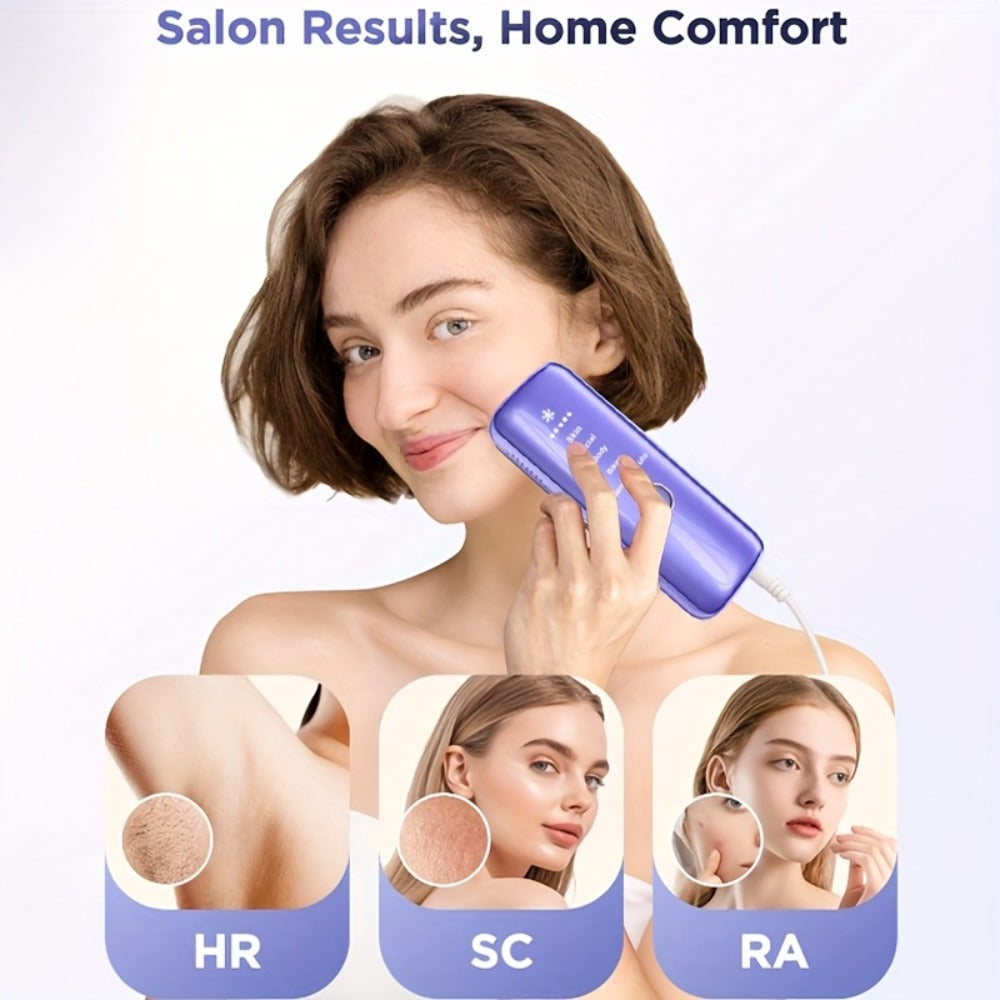 LEFINEE IPL Hair Removal Device in Violet with Five Intensity Indicators, Manual and Auto Labels and Display Controls