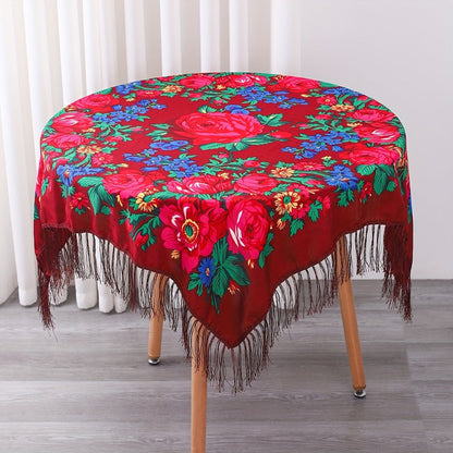 Tablecloth Square 53-Inch Floral Cover with Tassel Trim, Polyester Fabric and Six Color Options