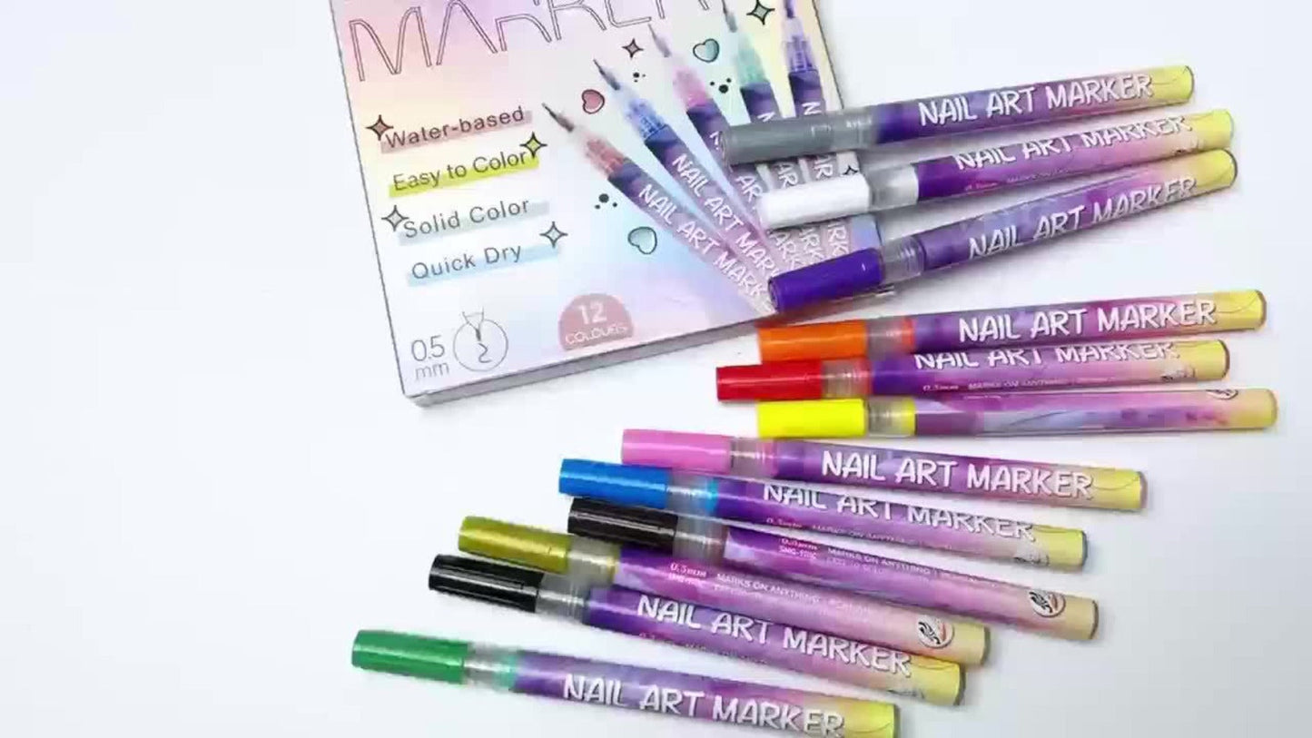Nail Art Pens 12-Color Water-Based Marker Set with Round Clear Bodies and Extra-Fine Detail Tips