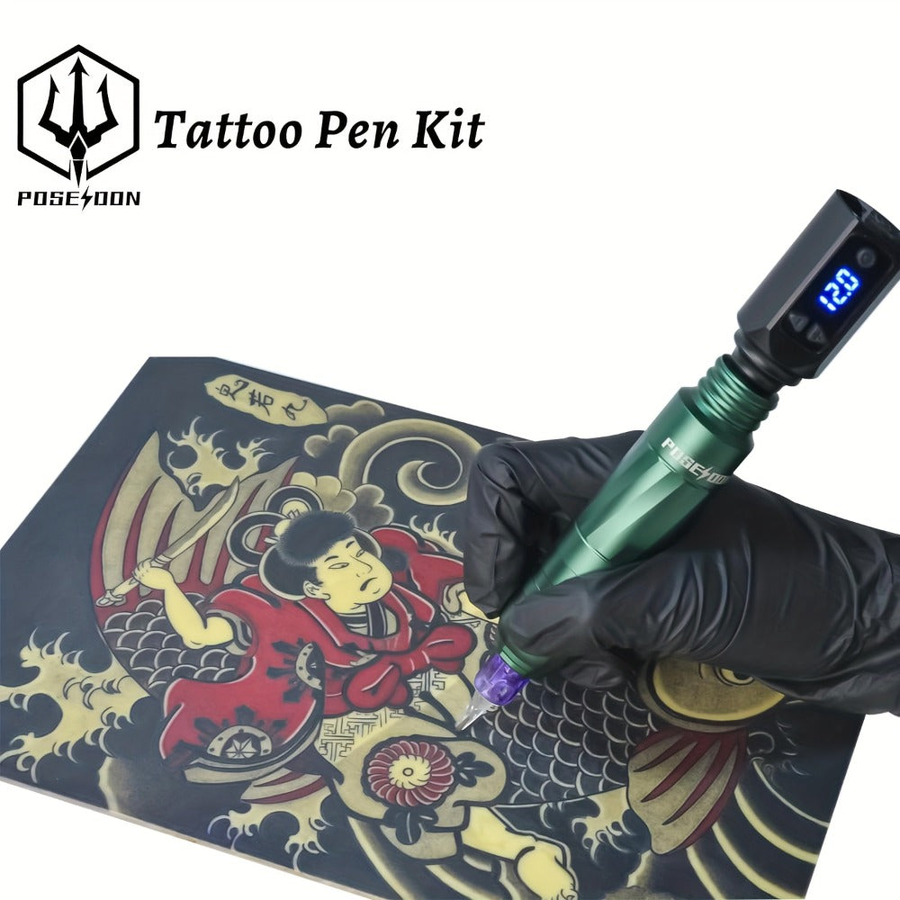 Complete Tattoo Pen Kit with Carrying Bag Aluminum Pen Wireless Power Supply 20 Needles 11 Inks 40 Ink Caps Practice Skin Transfer Paper Gloves Soap Table Mat - Beginners & Artists