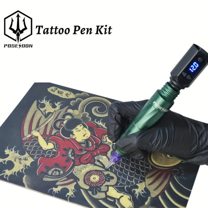 Complete Tattoo Pen Kit with Carrying Bag Aluminum Pen Wireless Power Supply 20 Needles 11 Inks 40 Ink Caps Practice Skin Transfer Paper Gloves Soap Table Mat - Beginners & Artists