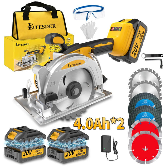 Brushless Circular Saw 5-Inch Kit 6900RPM with Battery & Charger – 45° Bevel Cut, Up to 6 Saw Blades, 2.0AH / 4.0AH Battery Options, Cordless Woodworking Saw for Wood Cutting, Garden & DIY Projects