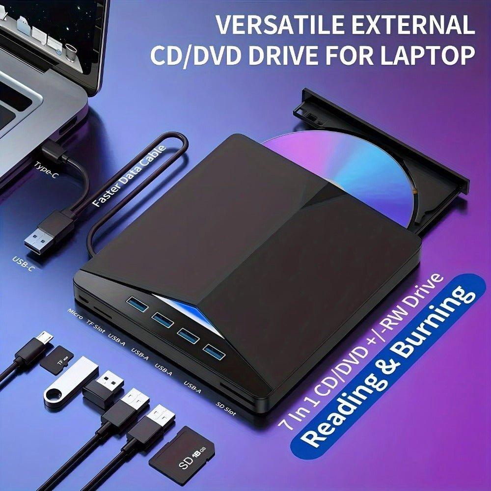 7-in-1 External DVD Drive USB 3.0 with 4 USB Ports & Dual TF/SD Card Reader - High-Speed CD/DVD Burner for Laptop Mac PC, Compatible with Windows 11/10/8/7, Linux, Plug and Play, Office Travel