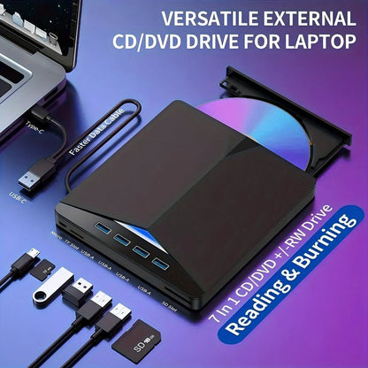 7-in-1 External DVD Drive USB 3.0 with 4 USB Ports & Dual TF/SD Card Reader - High-Speed CD/DVD Burner for Laptop Mac PC, Compatible with Windows 11/10/8/7, Linux, Plug and Play, Office Travel