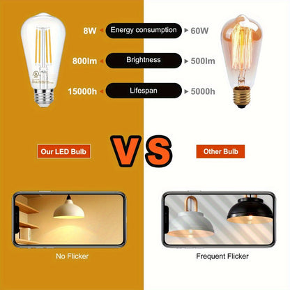 ST58 Vintage Edison LED Filament Bulbs, 8 W with Dimmable E26 Base and 2700 K Warm White, 12 or 24 Packs