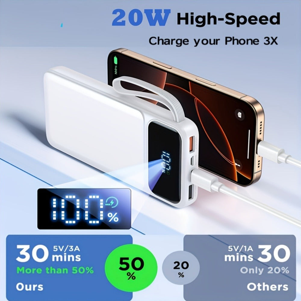 20000mAh Power Bank with Four Built-In Cable Leads, 20W Marking, Percentage Display and Three Colors