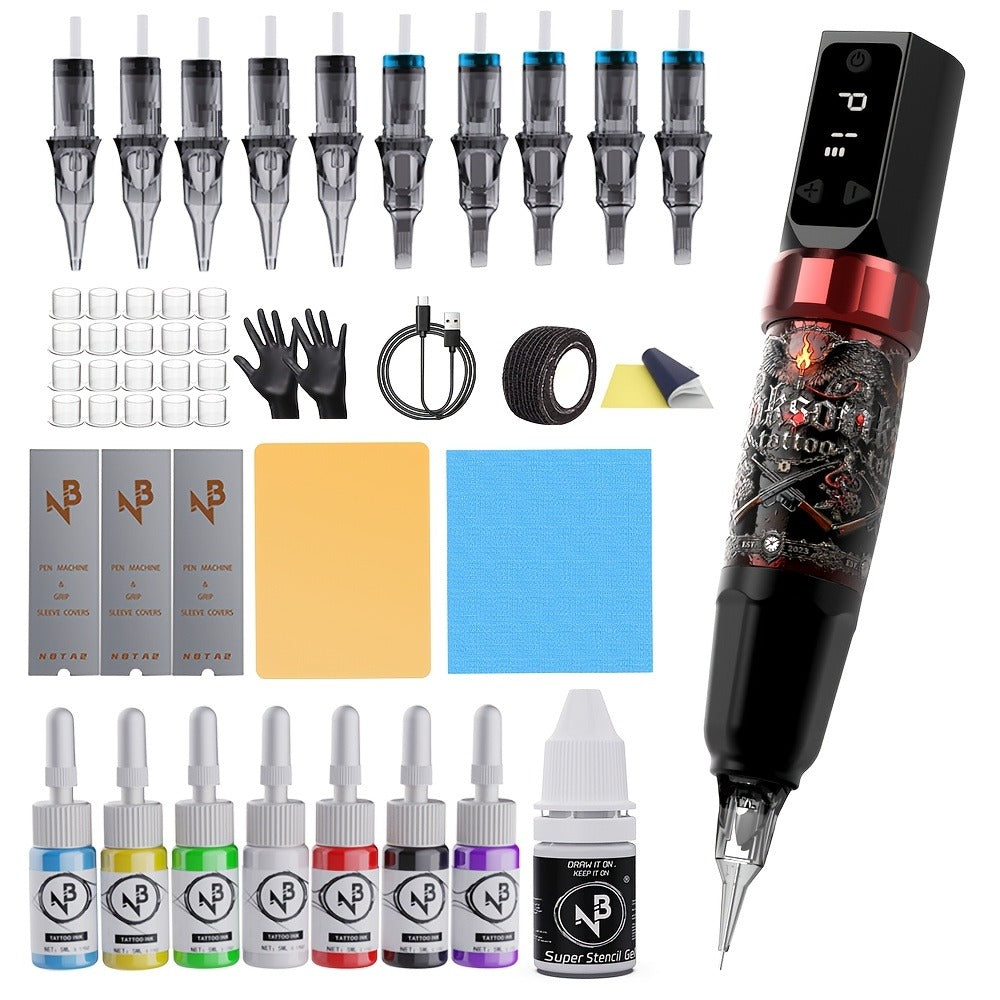 Tattoo Machine Kit INKSOUL TM-94 Wireless Rotary Pen with 1500mAh Supply, 10 Cartridges, 7 Inks and Mixing Cups