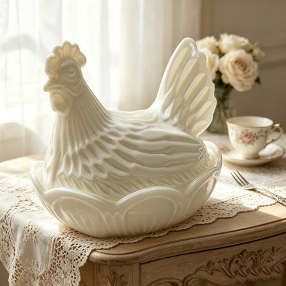 Two-Piece Glass Chicken Candy Jar and Lid Set with White Nesting Hen Design for Kitchen Display