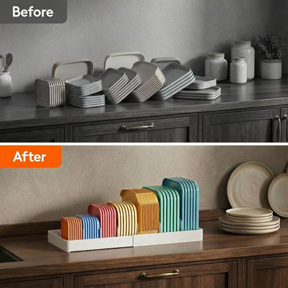 Container Lid Kitchen Organizer with Eight Inserts, 21 Compartments and Expandable 13-24.3-Inch Base