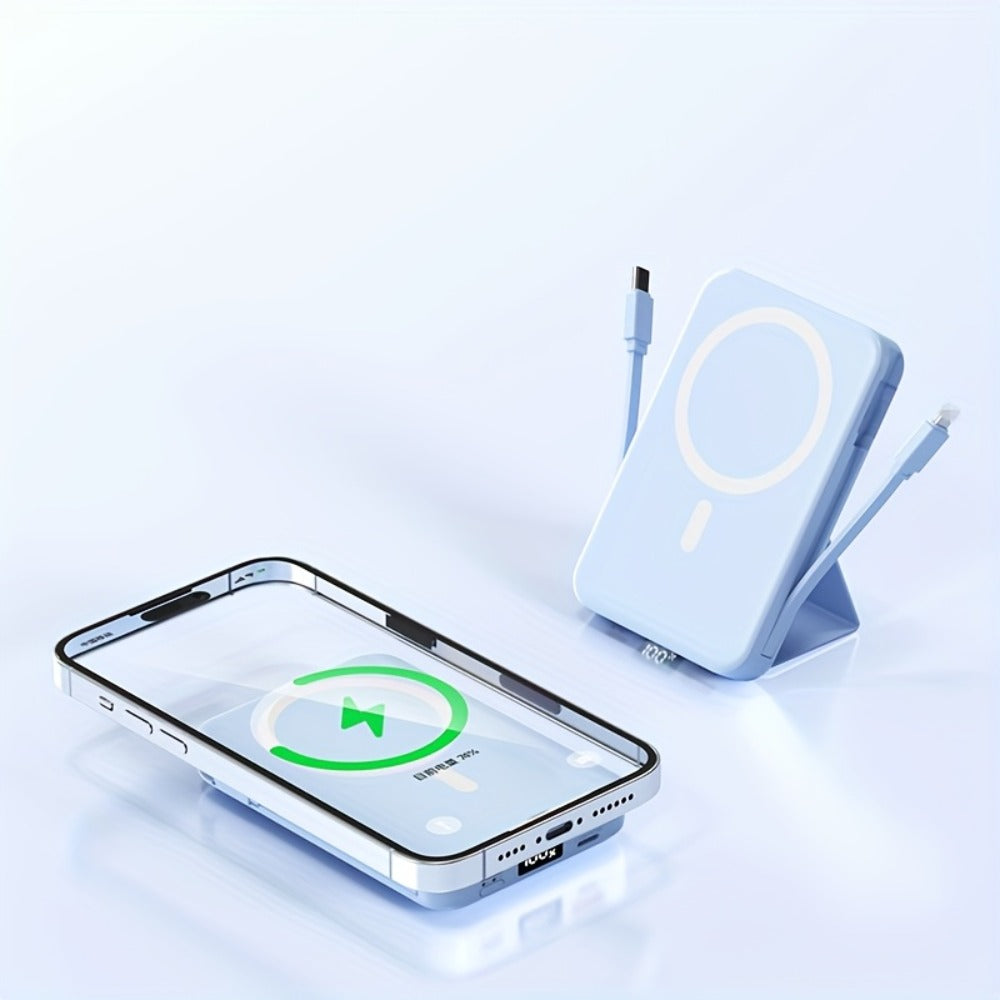Power Bank 10000mAh Magnetic 15W Wireless and 22.5W Wired with Built-In Cables, Stand and Display