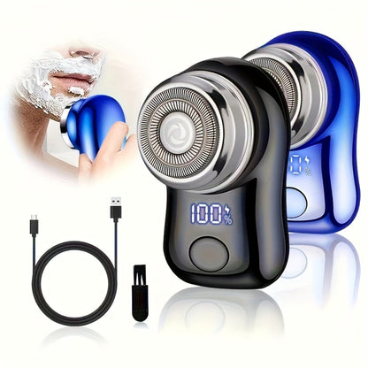 Compact Black Dual-Ring Rotary Electric Razor with Digital Battery Display, USB Cable and Travel-Size Body