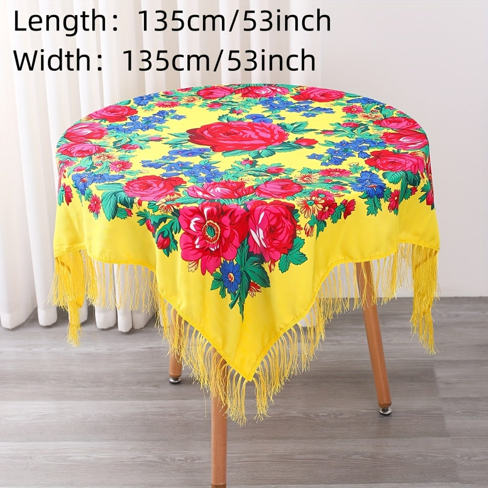 Tablecloth Square 53-Inch Floral Cover with Tassel Trim, Polyester Fabric and Six Color Options