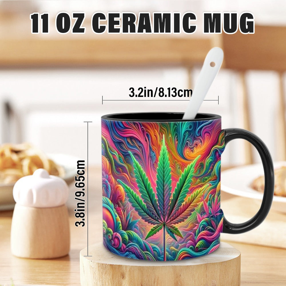 11oz Ceramic Coffee Mug with Psychedelic Leaf Print, Black Interior and Coordinating Black Handle