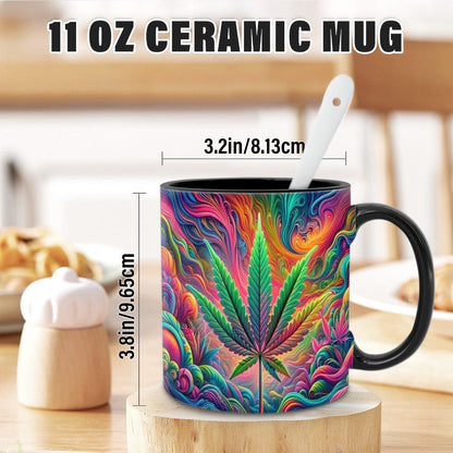 11oz Ceramic Coffee Mug with Psychedelic Leaf Print, Black Interior and Coordinating Black Handle