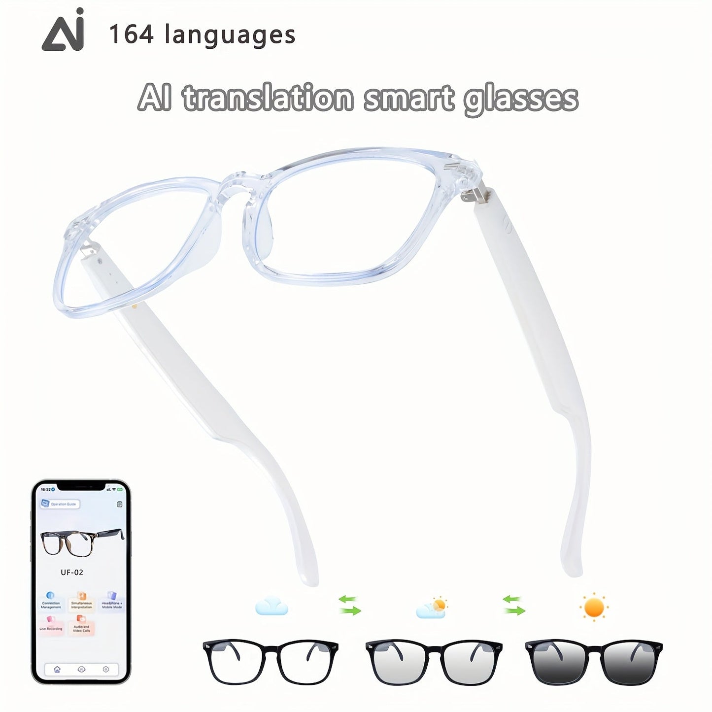Smart Glasses 160-Language Translation Eyewear with Open-Ear Audio and 19 Photochromic Frame Options