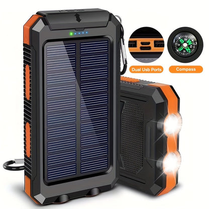 Solar Power Bank, 29800mAh Dual-USB 5V Charger with Solar Panel, Dual LED Flashlight, Compass and Eight Color Options