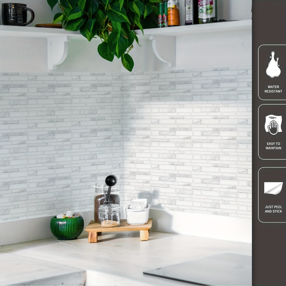 Ten-Sheet White Marble Subway-Pattern Peel-and-Stick Backsplash Wall Tile Set with 30 x 18 cm Panels