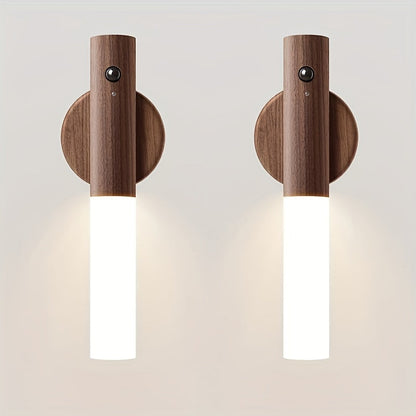 Night Light Motion Sensor Wall Lamp 2-Pack with USB Rechargeable Power, Magnetic Mount and Two Wood-Tone Finishes