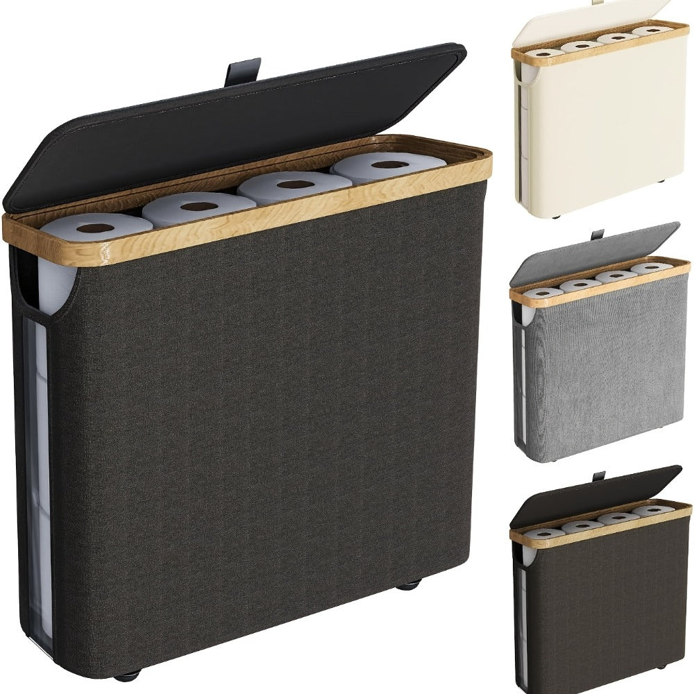 Lidded Toilet Paper Storage Basket with Bamboo-Style Rim in Five Color and Accessory Configurations