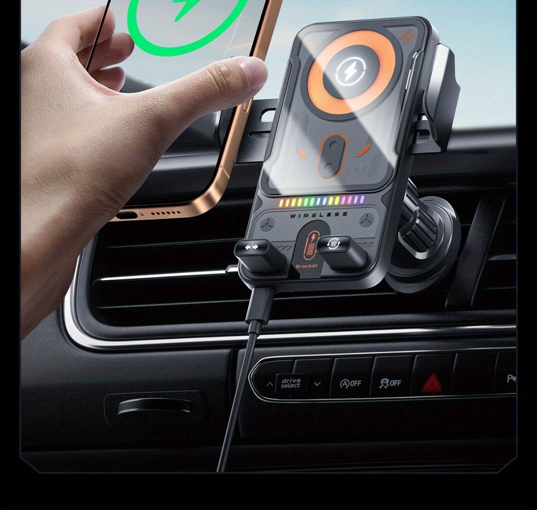 Car Wireless Charger 15W Auto-Align Smart Sensor FOD Detection Auto-Sensing Infrared Clamp 4mm Case Friendly Rotating Air Vent Mount for iPhone 17 16 15 14 Pro Max, Samsung Galaxy S24 S23 & All Qi Devices – Wired Backup Included