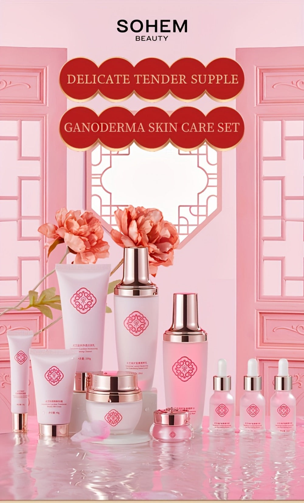 10-Piece Botanical Skincare Gift Set with Coordinated Bottles, Jars and Tubes in a Pink Presentation Box