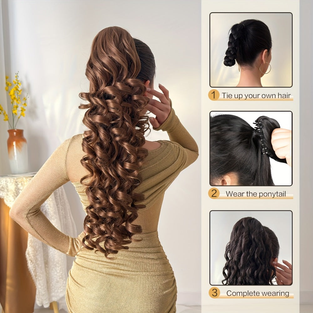 Curly Ponytail Extension 28 Inch Long Heat Resistant Synthetic Clip In Wrap Around Hairpiece Voluminous Bouncy Curls 4 Styles for Women Everyday Parties Festivals