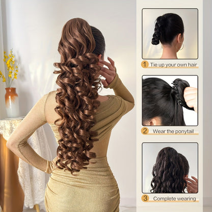Curly Ponytail Extension 28 Inch Long Heat Resistant Synthetic Clip In Wrap Around Hairpiece Voluminous Bouncy Curls 4 Styles for Women Everyday Parties Festivals