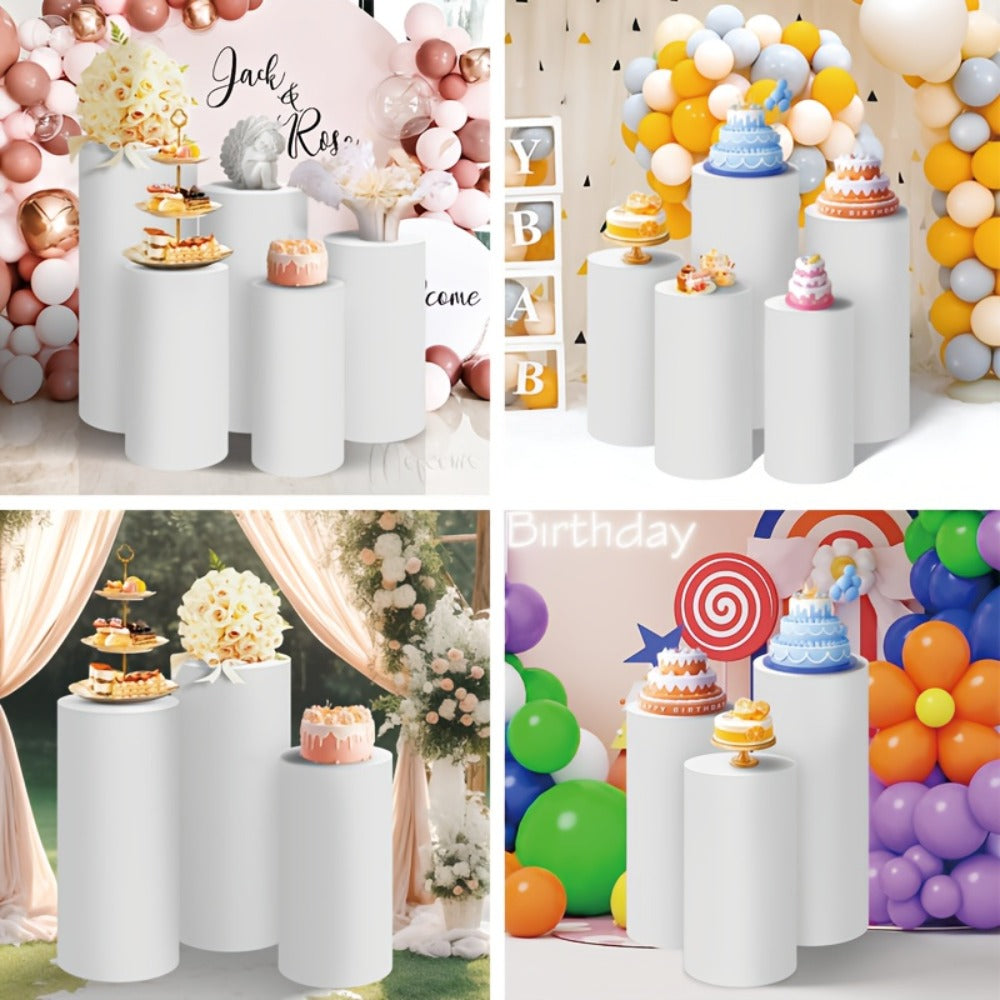 Party Decorations Five Stretch Fabric Cylinder Stand Covers in White or Pink with S–XXL Sizes