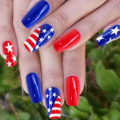Press On Nails 216-Piece Medium Coffin Nine-Pack Red White Blue Stars and Stripes Patriotic Set