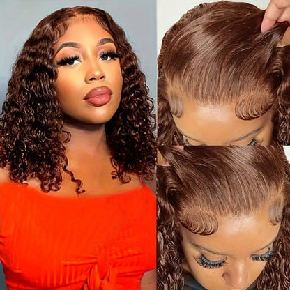 20 Inch 4x4 HD Lace Curly Bob Human Hair Wig in Reddish Brown Number 33 with Baby Hair for Women