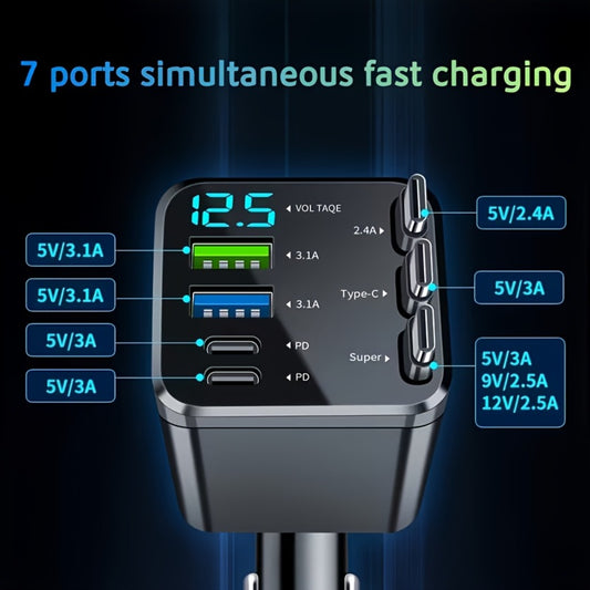 7-in-1 Car Fast Charger with 3 Retractable Cables, LED Digital Display, 180° Adjustable Arm, Universal Plug – Multi-Port USB Car Phone Charger for iPhone Android