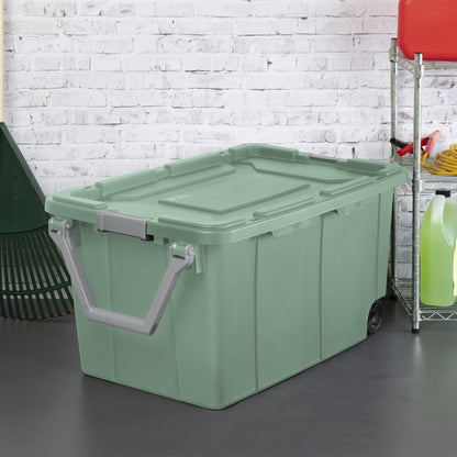Two-Pack 40-Gallon Green Storage Bins with Latch Lids, Pull Handles and Rear Wheels for Bulk Organization