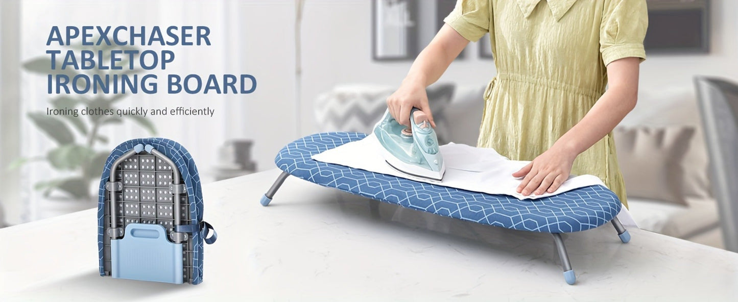 Mini Blue Tabletop Ironing Board with Short Folding Legs, Hanging Loop and Geometric Cover