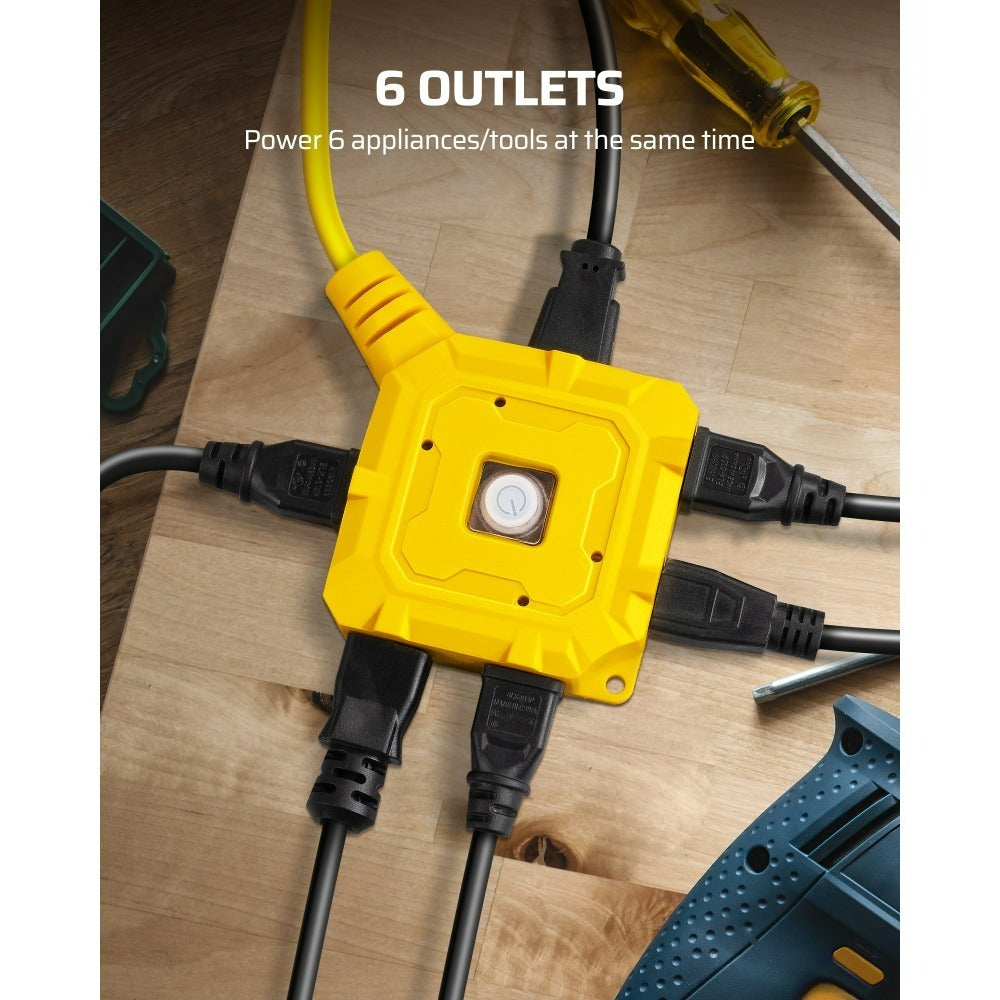 Heavy Duty Extension Cord 25ft 6-Outlet SJTW 14AWG with Protective Cover & On/Off Switch – Outdoor Indoor Power Strip Cord for Workshop, Garage, Christmas Lights, Tools
