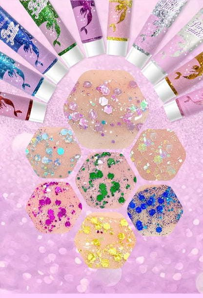 30-Piece Face and Body Glitter Gel Set with Mermaid Shapes, Stars and Hearts for Festival Makeup