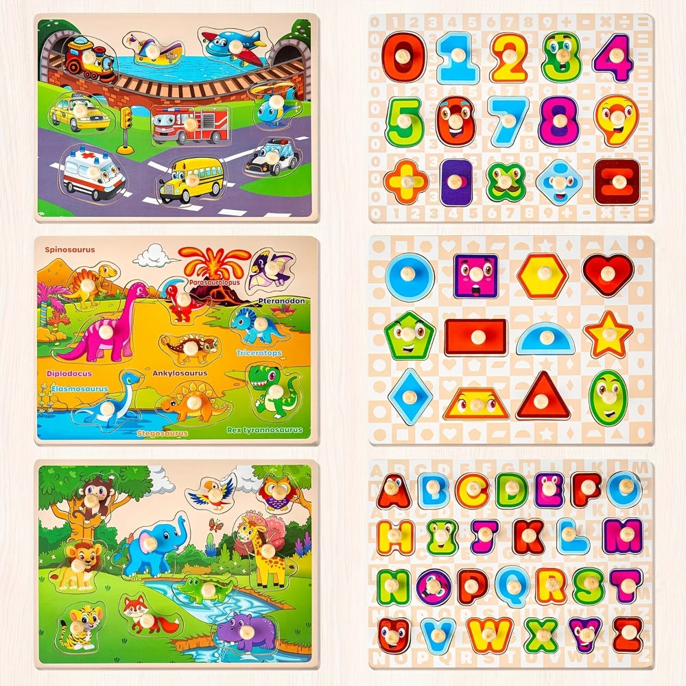 Six-Board Wooden Peg Puzzle Set with Metal Storage Rack and Scene or Animal Theme Checkout Options