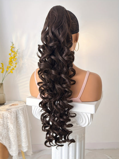 Curly Ponytail Extension 28 Inch Long Heat Resistant Synthetic Clip In Wrap Around Hairpiece Voluminous Bouncy Curls 4 Styles for Women Everyday Parties Festivals