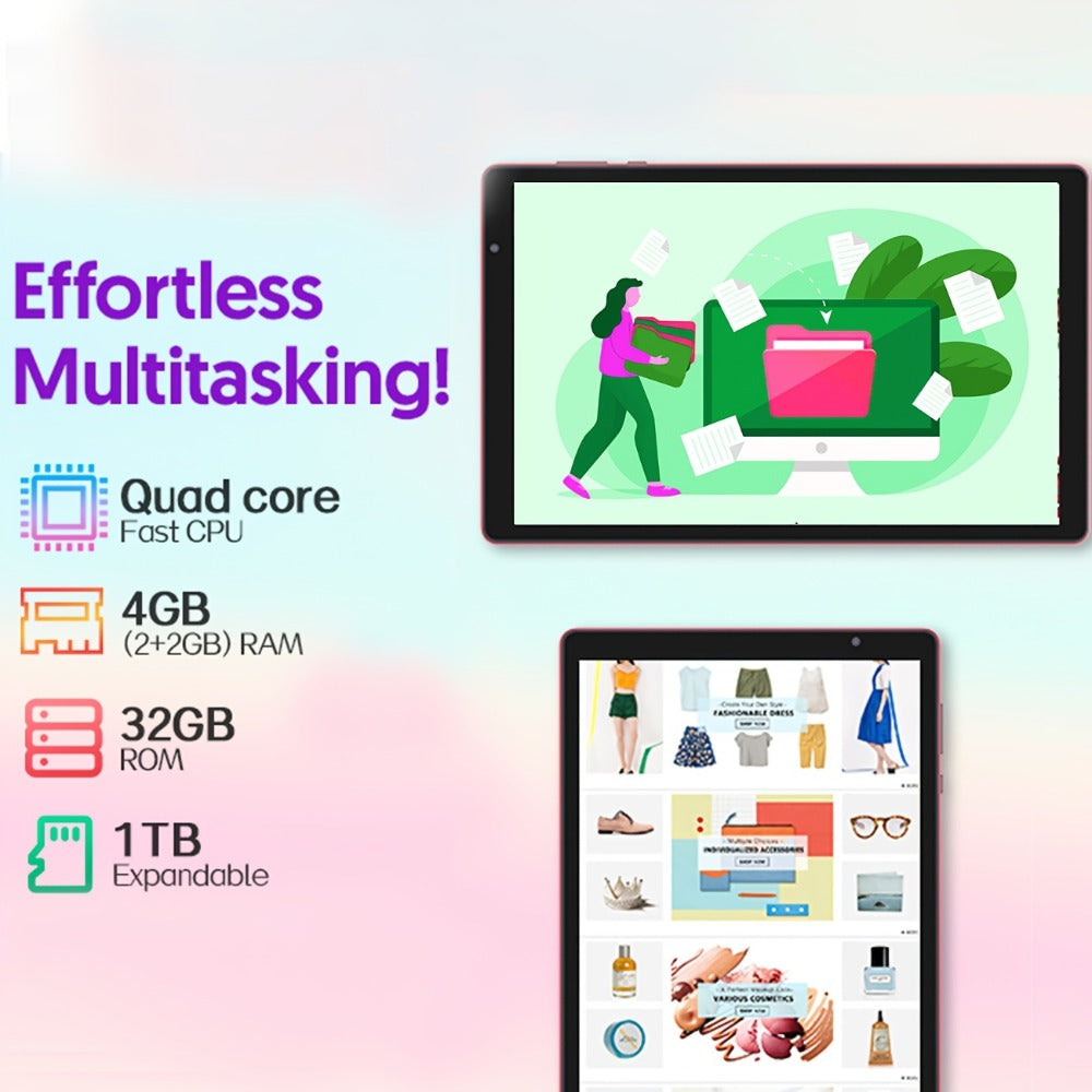 10 Inch Android 14 Tablet, 4GB RAM 32GB ROM 1TB Expandable Storage, WiFi 6 6000mAh Long Battery, 1280x800 IPS HD Touchscreen Dual Camera Quad-Core, Portable Tablet for Kids Adults Students Home School Travel – Pink Blue Purple