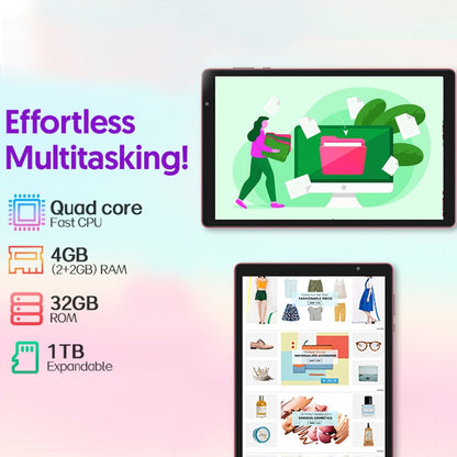 10 Inch Android 14 Tablet, 4GB RAM 32GB ROM 1TB Expandable Storage, WiFi 6 6000mAh Long Battery, 1280x800 IPS HD Touchscreen Dual Camera Quad-Core, Portable Tablet for Kids Adults Students Home School Travel – Pink Blue Purple