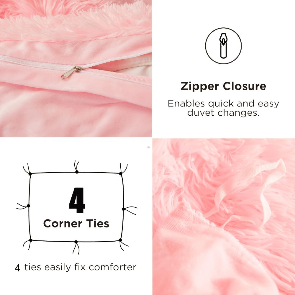 Plush Faux Fur Duvet Cover Set with Heart Pillow, Corner Ties and Twin, Queen or King Sizes in Eight Colors