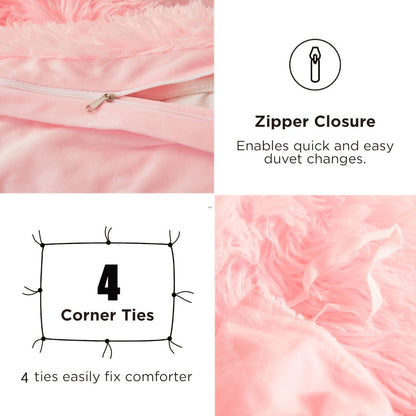 Plush Faux Fur Duvet Cover Set with Heart Pillow, Corner Ties and Twin, Queen or King Sizes in Eight Colors