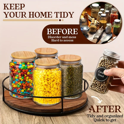 Wooden Turntable Kitchen Organizer 12-Inch Rotating Tray with Steel Armrests for Pantry or Countertop