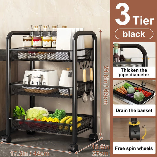 Rolling Storage Cart on Wheels – 3/4/5 Tier Carbon Steel Wire Basket Trolley, Black Metal Utility Cart for Kitchen, Bathroom, Bedroom, Office & Living Room, Space-Saving Detachable Shelving Unit