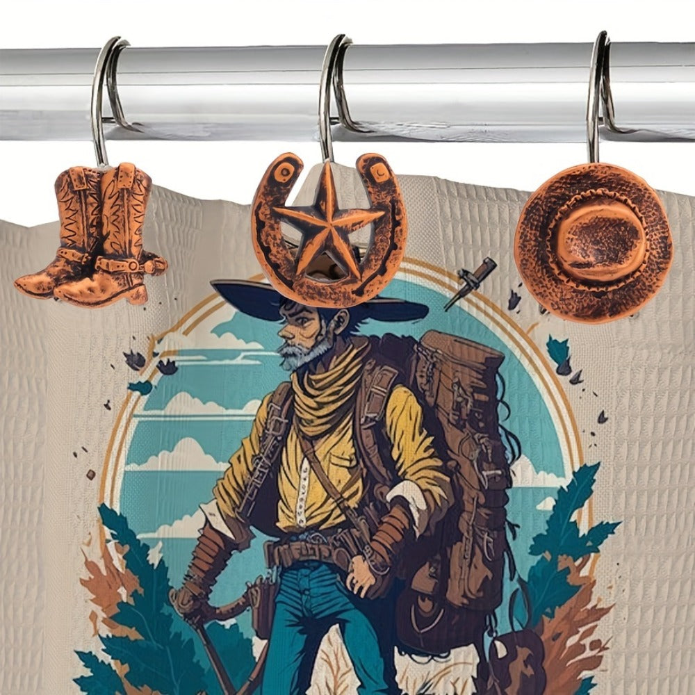 12-Piece Western Shower Curtain Hook Set with Boot, Star and Hat Motifs in Two Finish Options